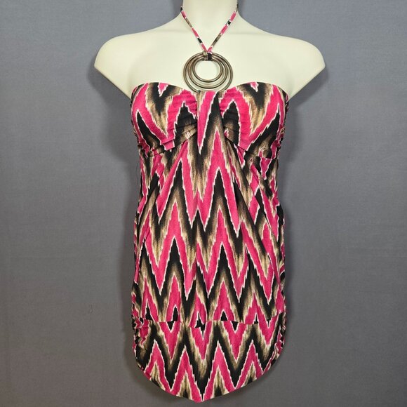 Y2K Mini Halter Dress Size L McBling Boho Groovy Ikat Print Purple Brown 2000s - Picture 1 of 10
